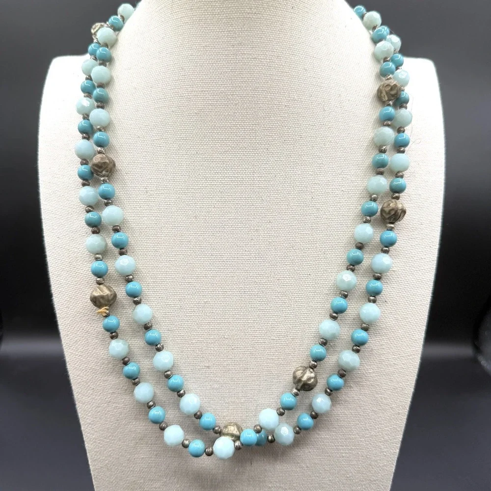 Turquoise & Silver Tone Blue Beaded Double Strand Necklace Faceted Boho Jewelry